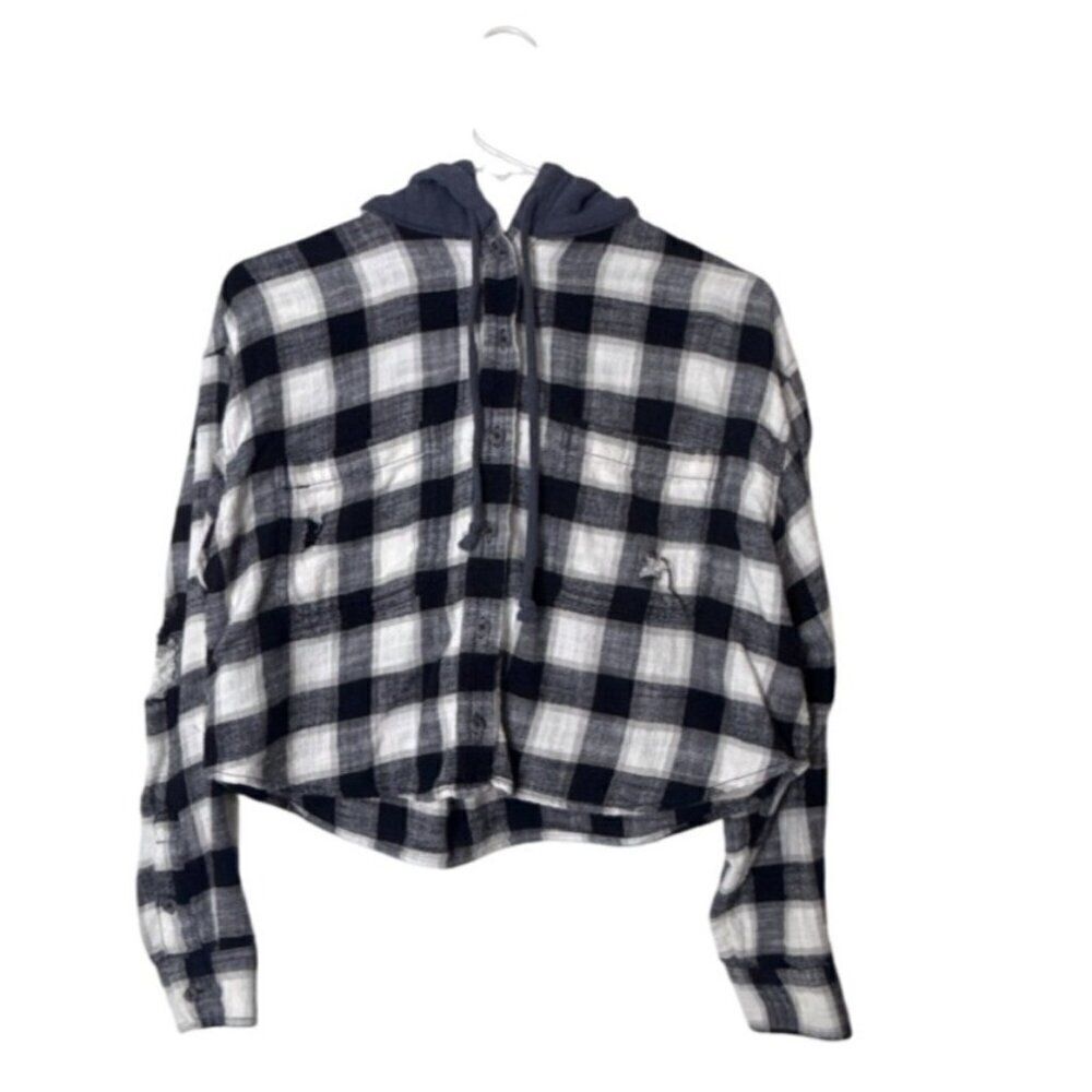 American Eagle Womens Crop Plaid Flannel Shirt With Hood S